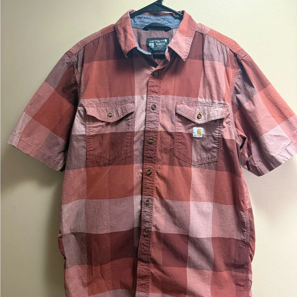 Carhartt Relaxed Fit Plaid Work Shirt L Tall Red 2 Pocket Nice